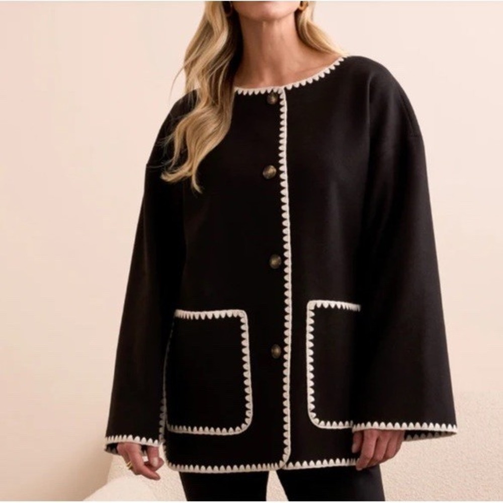 Tribal Button Front Coat M Black & White W/Blanket Stitch Trim Casual Work EUC